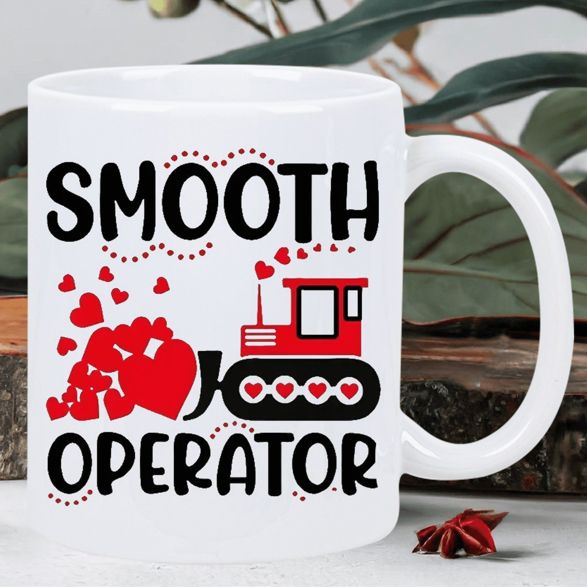 Tailorly White Ceramic 11 oz Mug - Smooth Operator Red Construction Vehicle Pushing Vibrant Heart Shapes Under Curved Dotted Accents Bulldozer
