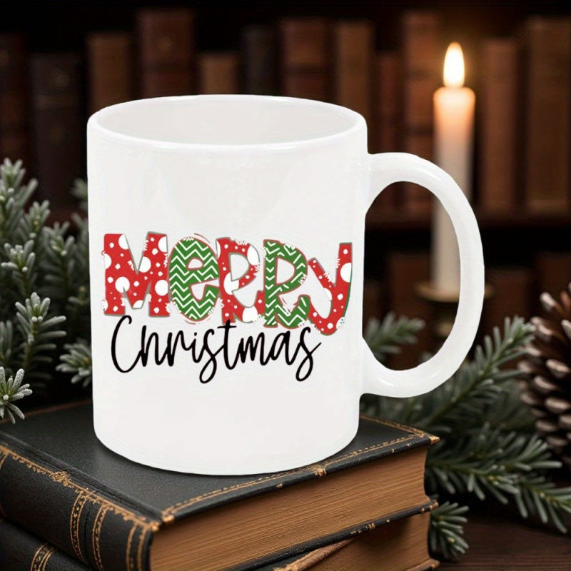 Tailorly White Ceramic 11 oz Mug - Merry Christmas Festive Lettering Decorated With Red Polka Dots And Green Chevron Pattern Mug