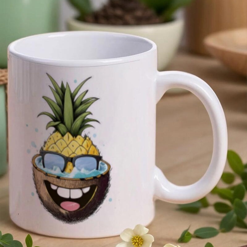 Tailorly White Ceramic 11 oz Mug - Tropical Fruit Resting Inside Smiling Coconut Shell Wearing Stylish Sunglasses Pineapple