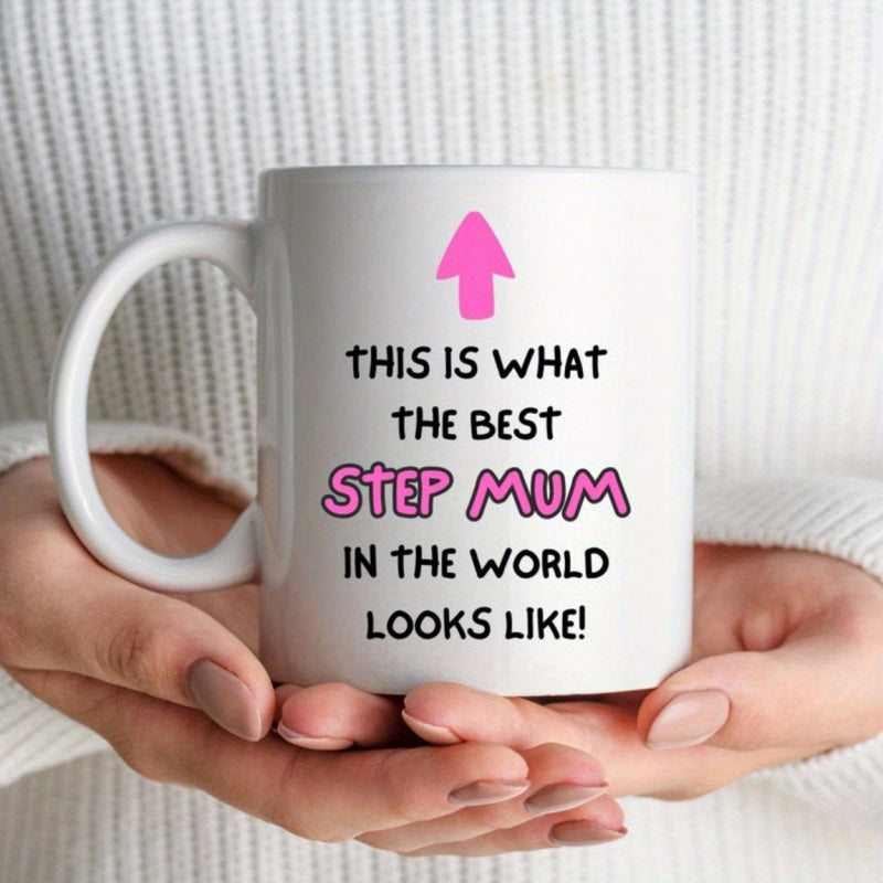 Tailorly White Ceramic 11 oz Mug - This Is What The Best Step Mum In The World Looks Like Simple White Ceramic Vessel With A Bold Pink Arrow Mug