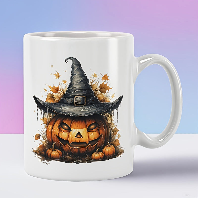 Tailorly White Ceramic 11 oz Mug - Spooky Halloween Jack O Lantern Wearing A Dark Pointed Witch Hat Pumpkin
