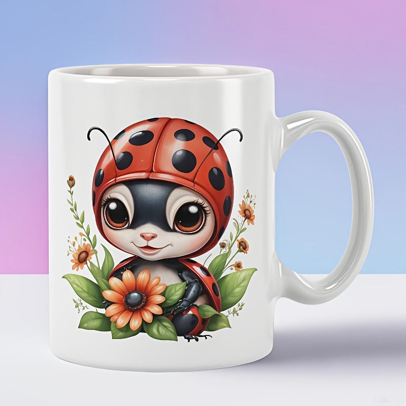 Tailorly White Ceramic 11 oz Mug - Cute Cartoon Insect Wearing Red Spotted Shell Among Spring Leaves And Blossoming Orange Flower Ladybug