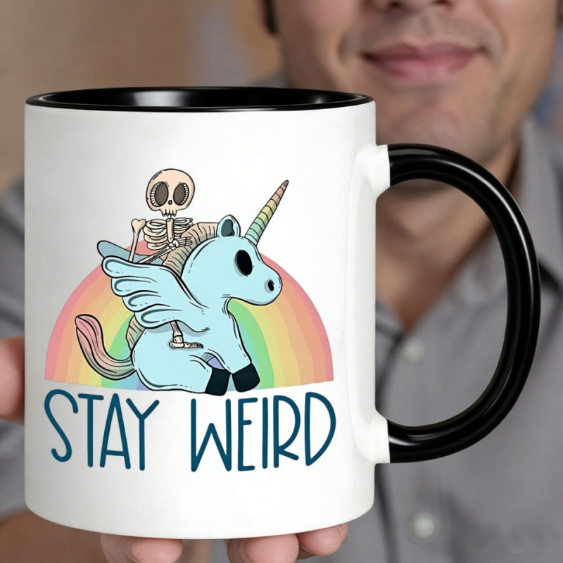 Tailorly Black Accent 11 oz Mug - skeleton riding winged unicorn with rainbow