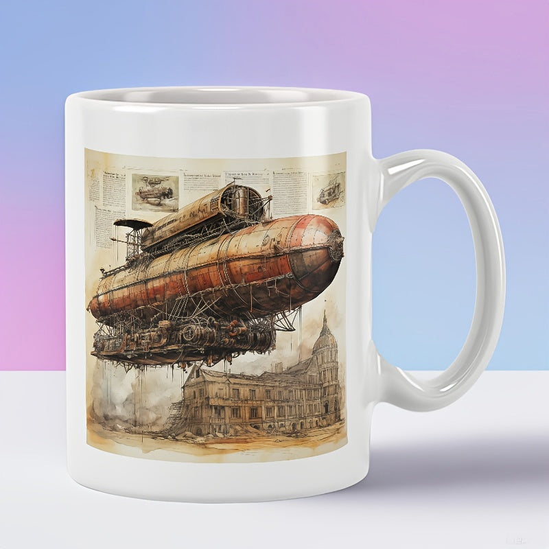 Tailorly White Ceramic 11 oz Mug - Vintage Steampunk Metallic Airship Flying Above Ancient Industrial Building Airship