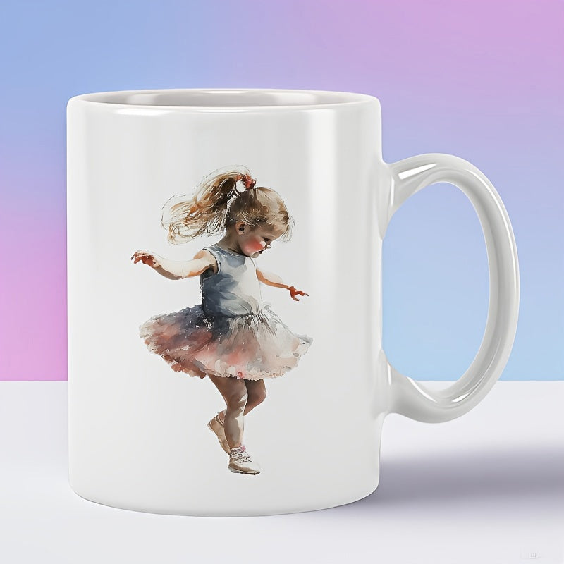 Tailorly White Ceramic 11 oz Mug - Graceful Young Girl Dancing With Soft Watercolor Pink Tulle Tutu Ballerina