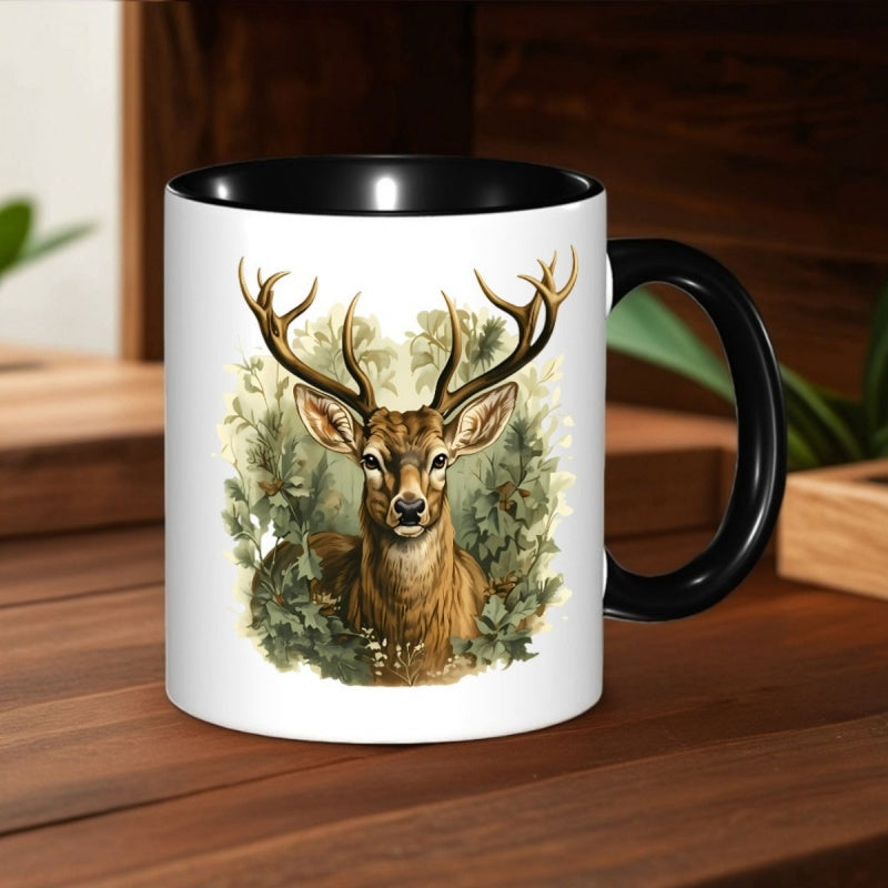 Tailorly Black Accent 11 oz Mug - realistic deer and forest motif