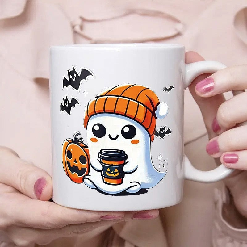 Tailorly White Ceramic 11 oz Mug - Adorable Little White Ghost Wearing Beanie Holding Coffee Among Flying Bats Ghost