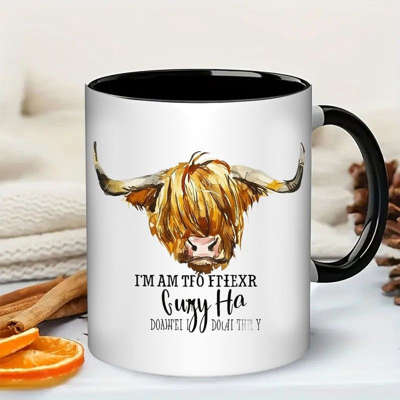 Tailorly Black Accent 11 oz Mug - humorous highland cow watercolor art