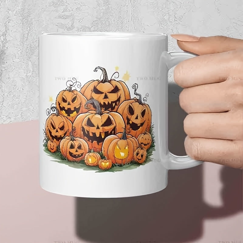 Tailorly White Ceramic 11 oz Mug - Spooky Halloween Theme Featuring Hand Carved Grinning Jack O Lanterns Grouped Together Pumpkin