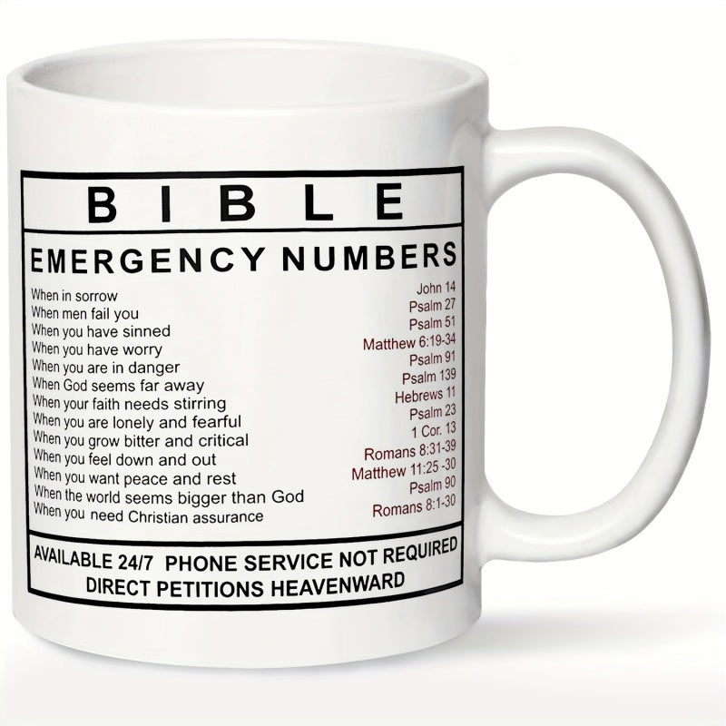 Tailorly White Ceramic 11 oz Mug - Bible Emergency Numbers Featuring Black Scriptural Text Box In Minimalist Style Mug