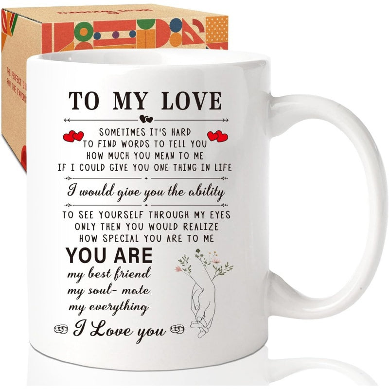 Tailorly White Ceramic 11 oz Mug - To My Love You Are My Best Friend My Soul Mate My Everything I Love You Minimalist Line Drawing Of Interlocking Hands With Red