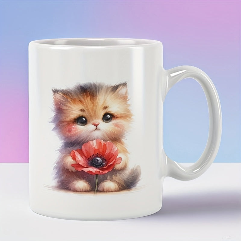 Tailorly White Ceramic 11 oz Mug - Adorable Fluffy Little Pet Holding A Vibrant Red Spring Flower Kitten
