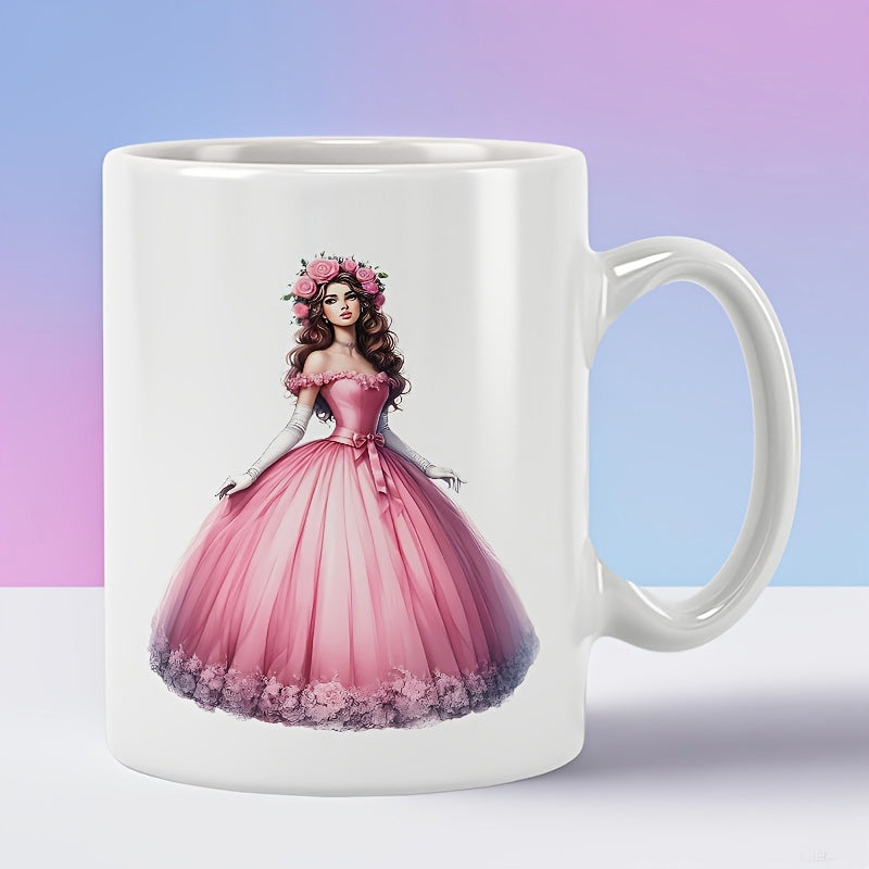 Tailorly White Ceramic 11 oz Mug - Elegant Lady Wearing Pink Flowing Ball Gown With Floral Crown Princess