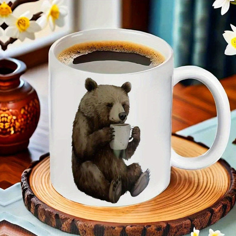 Tailorly White Ceramic 11 oz Mug - Cute Brown Animal Sitting While Holding A Small Morning Coffee Cup Bear
