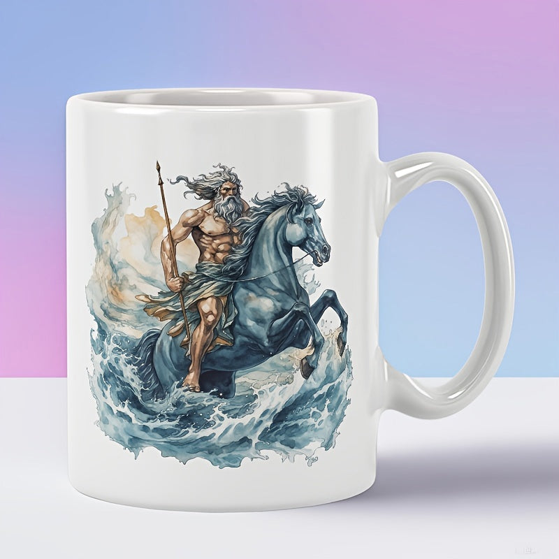 Tailorly White Ceramic 11 oz Mug - Powerful Mythological Sea God Riding A Majestic Stallion Through Crashing Waves Horse