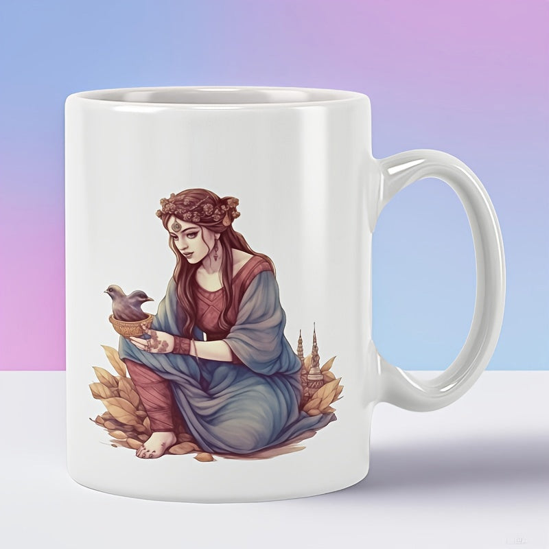 Tailorly White Ceramic 11 oz Mug - Beautiful Earthy Maiden In Flowing Robes Holding A Gentle Forest Bird Woman