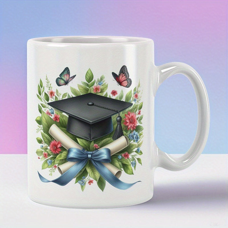 Tailorly White Ceramic 11 oz Mug - Elegant Flowers With Butterflies And A Diploma Tied With Blue Ribbon Graduation Cap