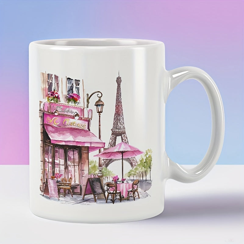 Tailorly White Ceramic 11 oz Mug - Romantic Watercolor Paris Street With Pink Cafe Under Iconic Eiffel Scene