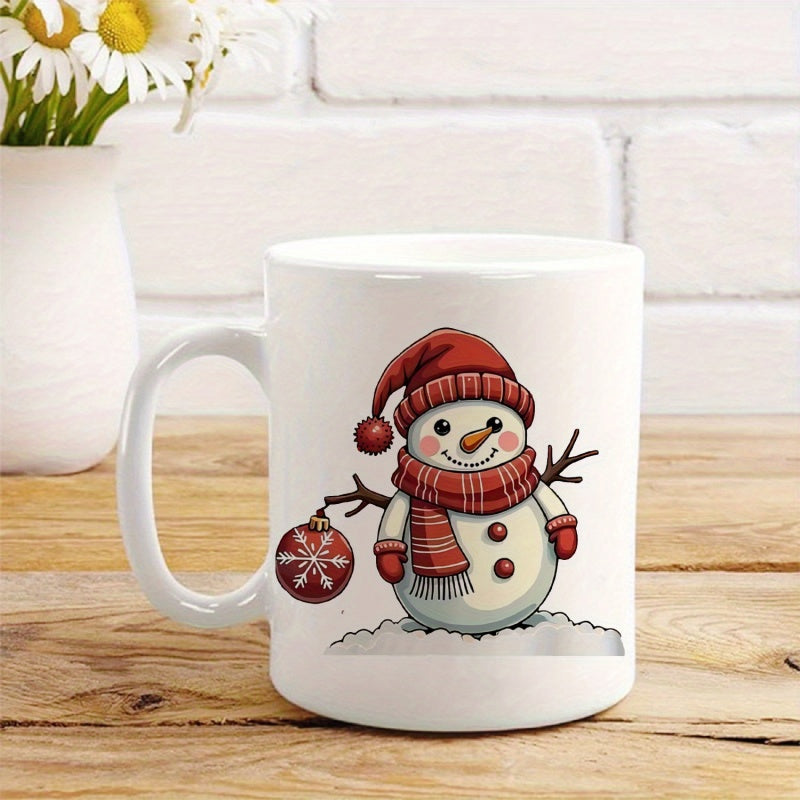 Tailorly White Ceramic 11 oz Mug - Festive Character Wearing Red Winter Scarf Holding A Small Christmas Ornament Snowman