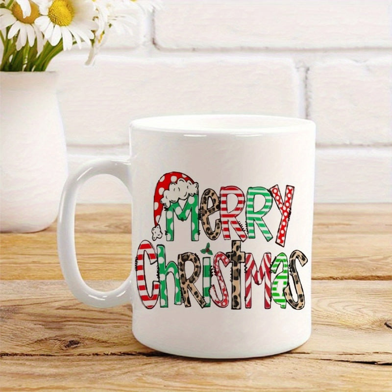 Tailorly White Ceramic 11 oz Mug - Merry Christmas Colorful Decorative Letters Featuring Leopard Print And Festive Striped Patterns Mug