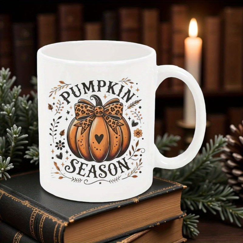 Tailorly White Ceramic 11 oz Mug - Pumpkin Season Festive Autumn Harvest With Leopard Print Bow And Floral Accents Pumpkin