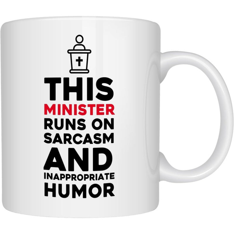 Tailorly White Ceramic 11 oz Mug - This Minister Runs On Sarcasm And Inappropriate Humor Simple Black Icon Featuring A Person Behind A Religious Pulpit Mug