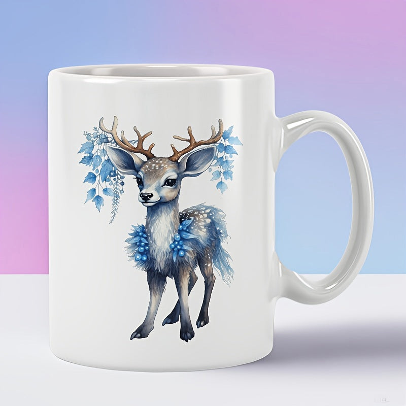 Tailorly White Ceramic 11 oz Mug - Graceful Small Fawn Adorned With Blue Winter Leaves And Delicate Floral Wreath Deer