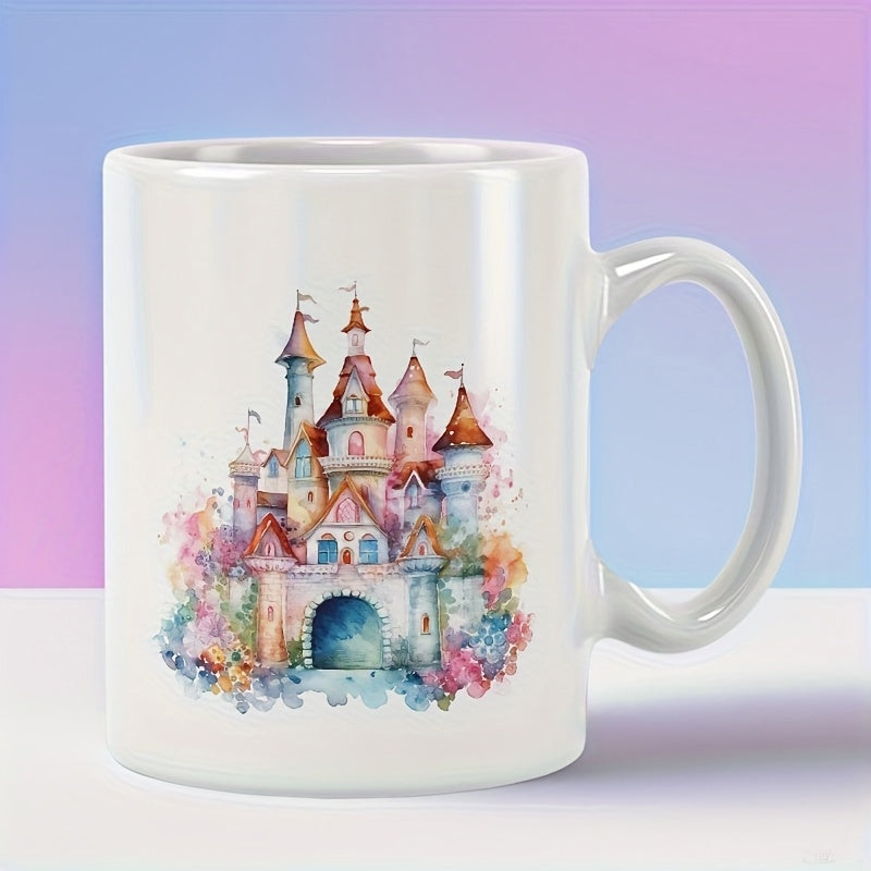 Tailorly White Ceramic 11 oz Mug - Vibrant Whimsical Watercolor Fairytale Architecture Featuring Colorful Flowers Around Enchanted Magical Castle