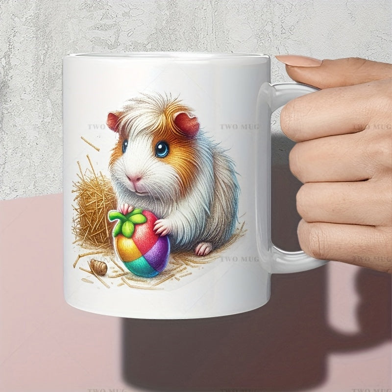 Tailorly White Ceramic 11 oz Mug - Adorable Fluffy Pet Holding Colorful Patterned Easter Egg Sitting Among Golden Straw Guinea Pig