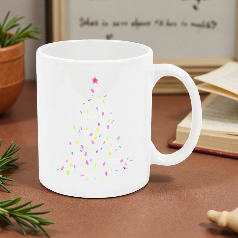 Tailorly White Ceramic 11 oz Mug - Minimalist Colorful Confetti Sprinkles Forming A Festive Holiday Pattern Star Topped Christmas Tree