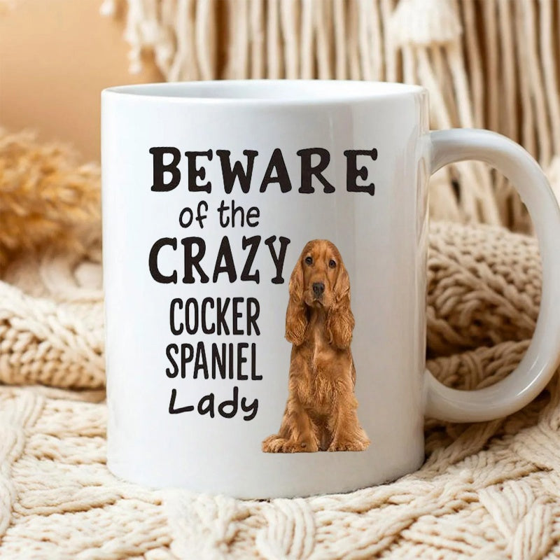 Tailorly White Ceramic 11 oz Mug - Beware Of The Crazy Cocker Spaniel Lady Golden Brown Dog Sitting Calmly In A Studio Cocker Spaniel