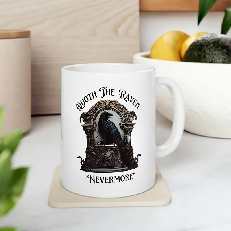 Tailorly White Ceramic 11 oz Mug - Quoth The Raven Nevermore Gothic Black Bird Perched Inside An Ornate Intricate Archway Raven