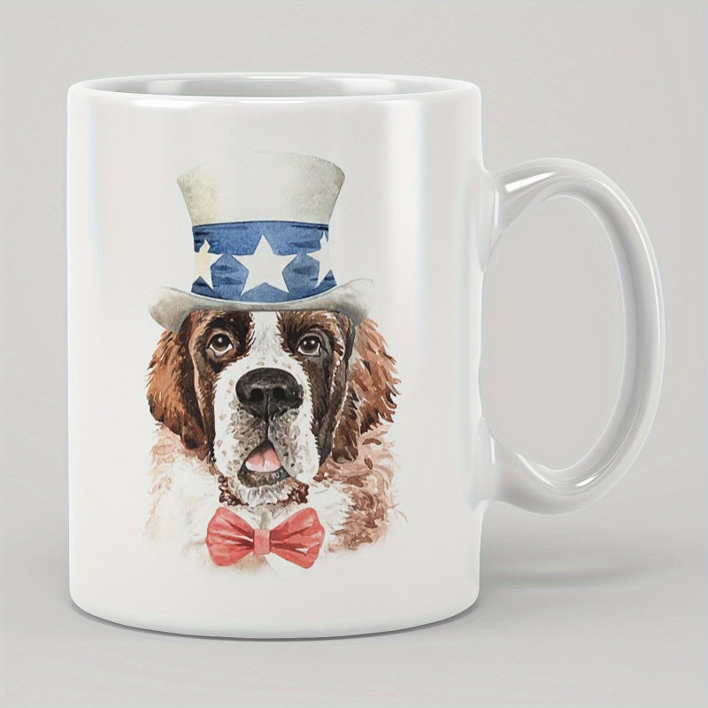 Tailorly White Ceramic 11 oz Mug - Patriotic Saint Bernard Wearing Uncle Sam Hat And Red Bow Tie Dog