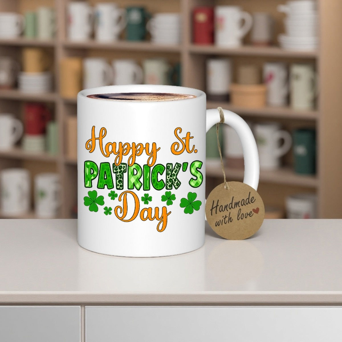 Tailorly White Ceramic 11 oz Mug - Happy St Patricks Day Festive Vibrant Green Patterned Text With Lucky Four Leaf Clover