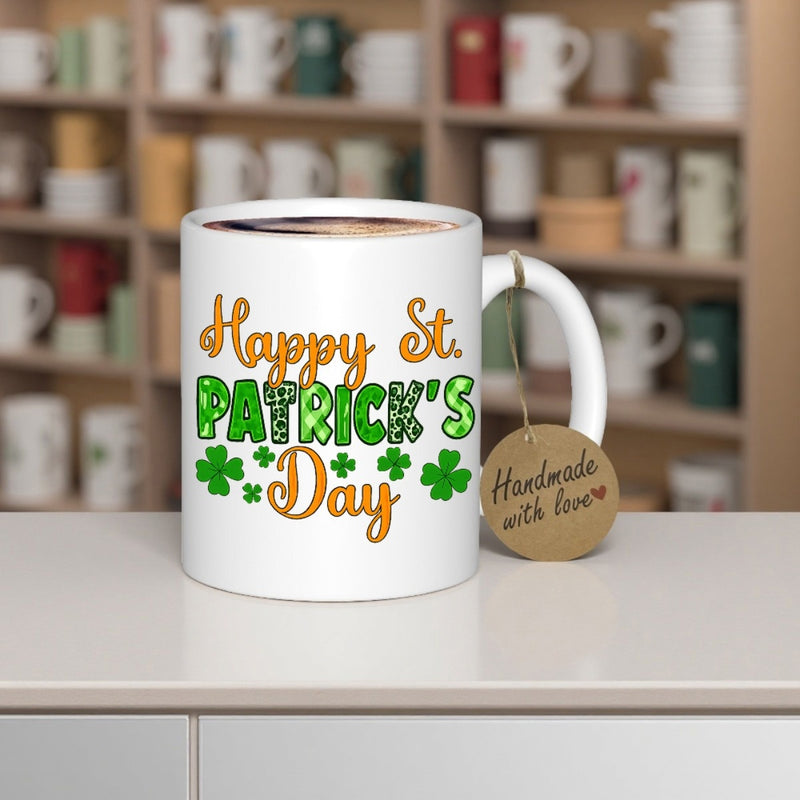 Tailorly White Ceramic 11 oz Mug - Happy St Patricks Day Festive Vibrant Green Patterned Text With Lucky Four Leaf Clover