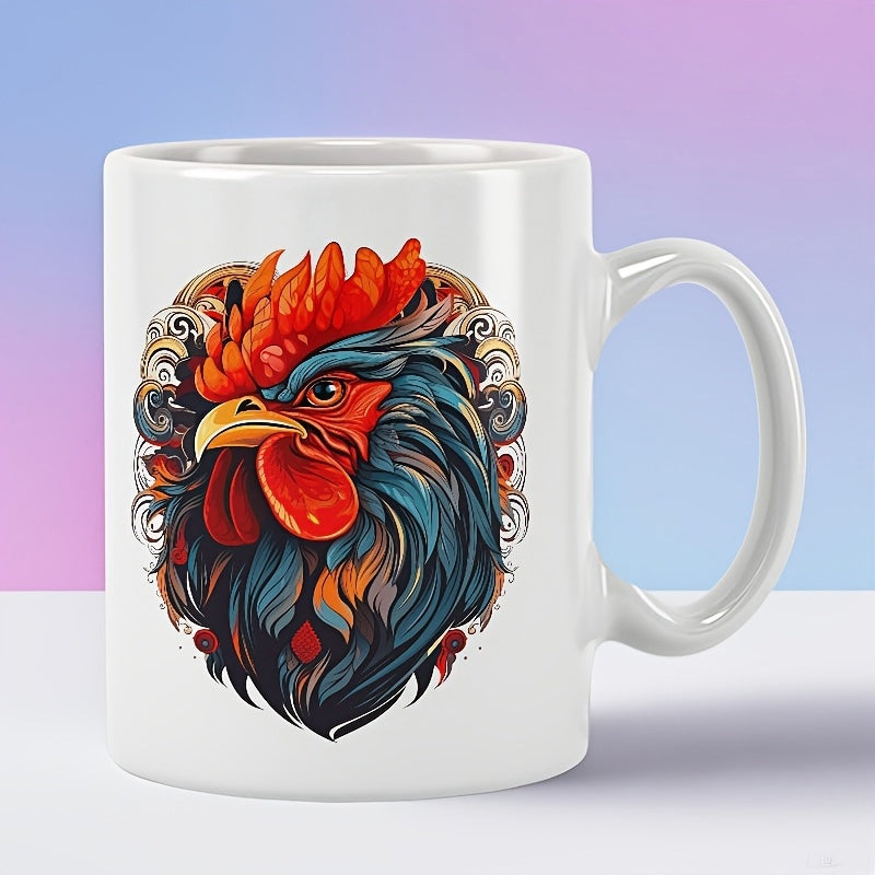 Tailorly White Ceramic 11 oz Mug - Artistic Colorful Feathers With Intricate Swirls And Vibrant Red Comb Rooster