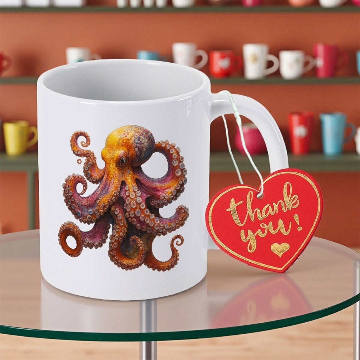 Tailorly White Ceramic 11 oz Mug - Thank You Vibrant Orange And Purple Detailed Tentacles Floating Sea Creature Octopus