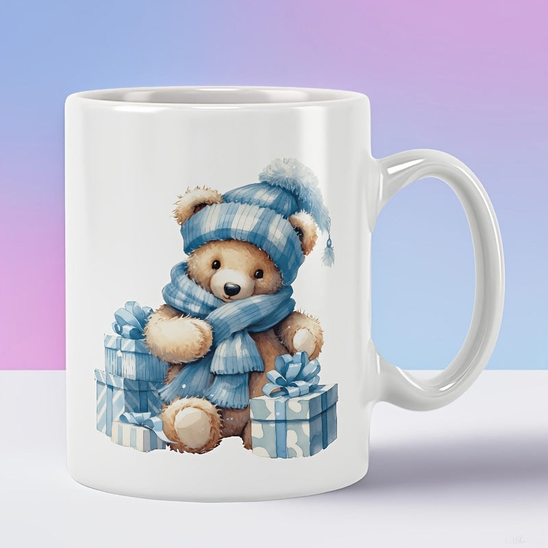 Tailorly White Ceramic 11 oz Mug - Cute Winter Teddy Wearing Blue Striped Scarf Hat Sitting Near Gifts Bear