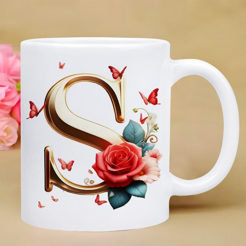 Tailorly White Ceramic 11 oz Mug - S Elegant Metallic Golden 3D Script Surrounded By Blooming Roses Butterflies Letter