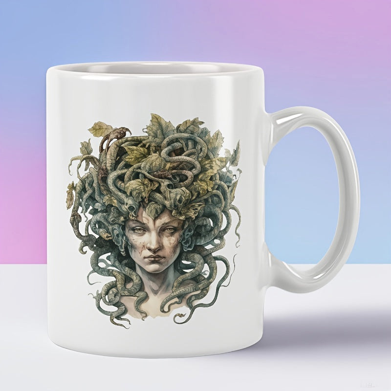Tailorly White Ceramic 11 oz Mug - Detailed Mythological Gorgon Face With Entwined Serpents And Earthy Leaves Medusa