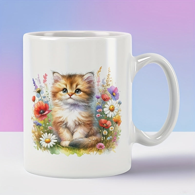 Tailorly White Ceramic 11 oz Mug - Soft Fluffy Ginger Feline Sitting Among Colorful Wildflowers And Blooming Summer Meadow Kitten