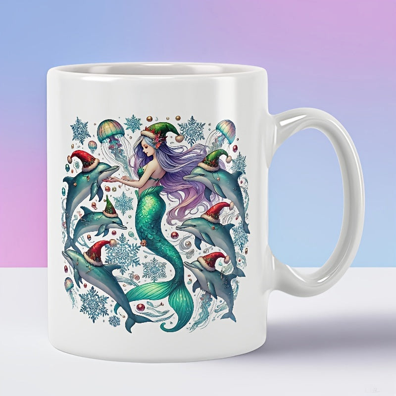 Tailorly White Ceramic 11 oz Mug - Enchanted Underwater Christmas Scene Featuring Dolphins With Festive Santa Hats Mermaid