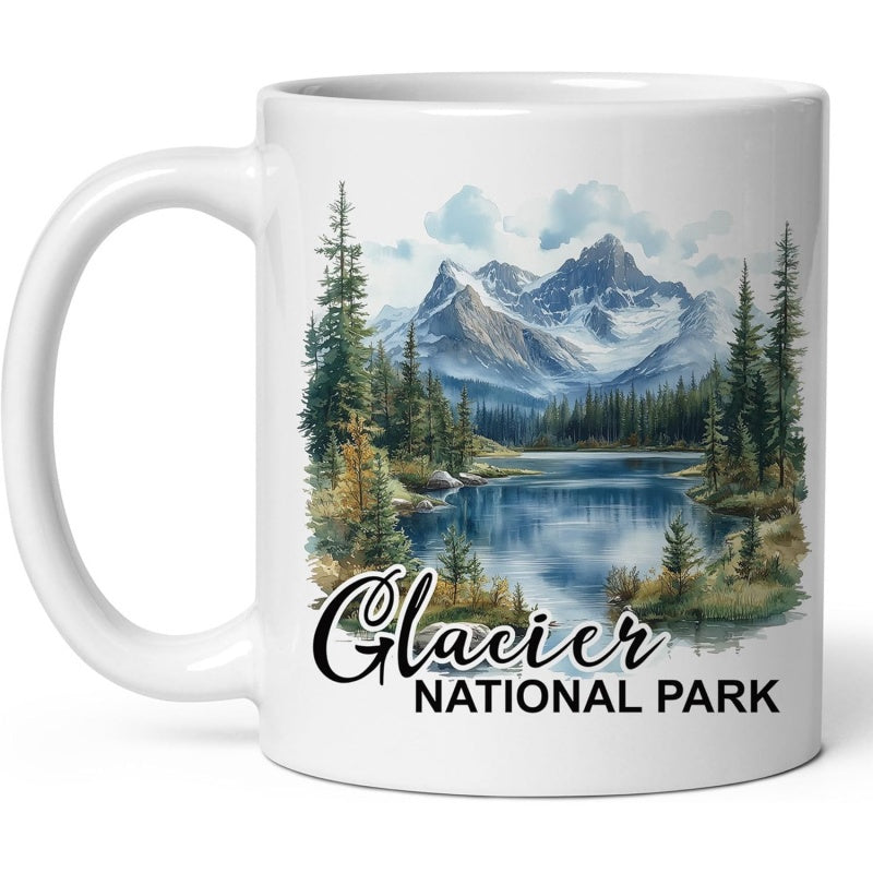 Tailorly White Ceramic 11 oz Mug - Glacier National Park Snowy Majestic Mountains With Evergreen Trees Reflecting In Calm Lake Mountain