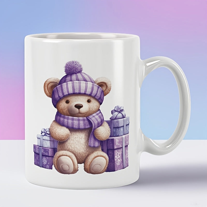 Tailorly White Ceramic 11 oz Mug - Cuddly Plush Animal Wearing Knitted Winter Accessories Sitting Among Purple Gift Boxes Teddy Bear