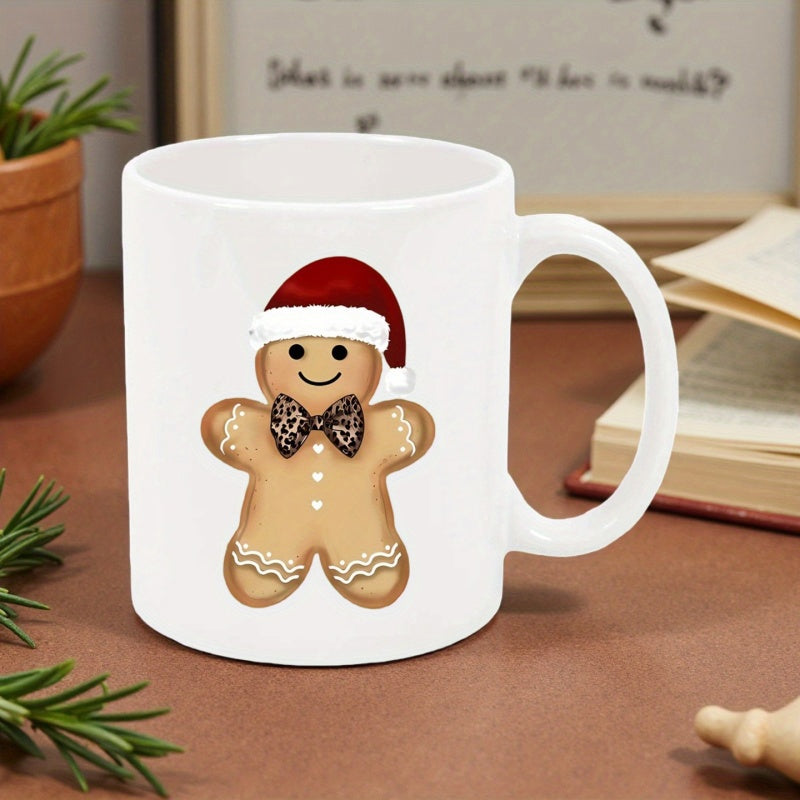 Tailorly White Ceramic 11 oz Mug - Cheerful Festive Red Santa Hat With Leopard Pattern Bow Tie Gingerbread Man
