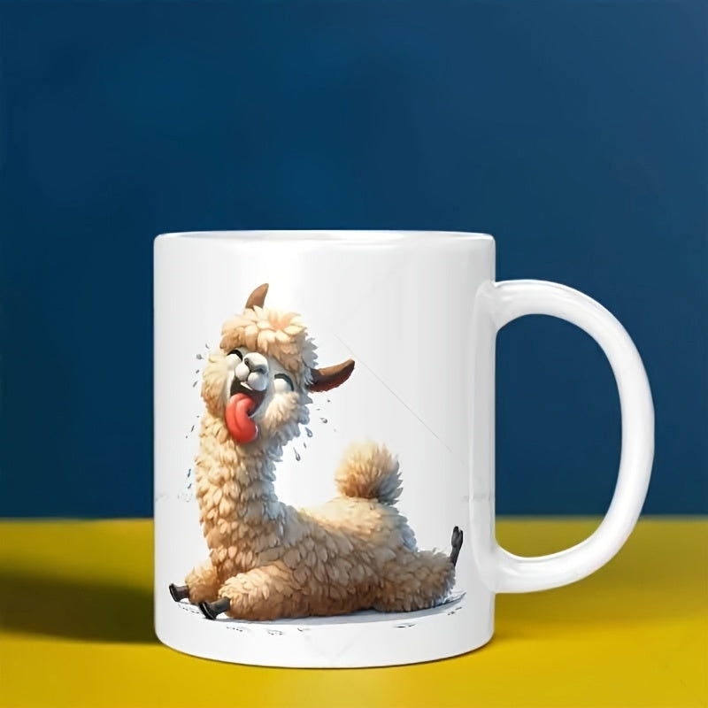 Tailorly White Ceramic 11 oz Mug - Playful Fluffy Creamy Alpaca Laying Down And Sticking Tongue Out Alpaca