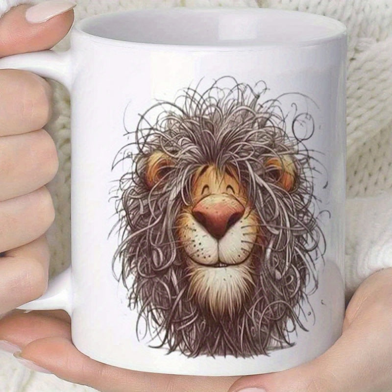 Tailorly White Ceramic 11 oz Mug - Artistic Illustration Featuring A Wild Messy Mane Smiling Lion