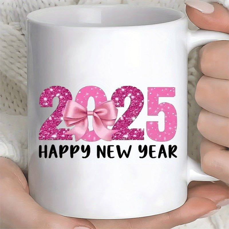 Tailorly White Ceramic 11 oz Mug - 2025 Happy New Year Pink Glitter Textured Numbers Decorated With A Delicate Silky Satin Ribbon Bow