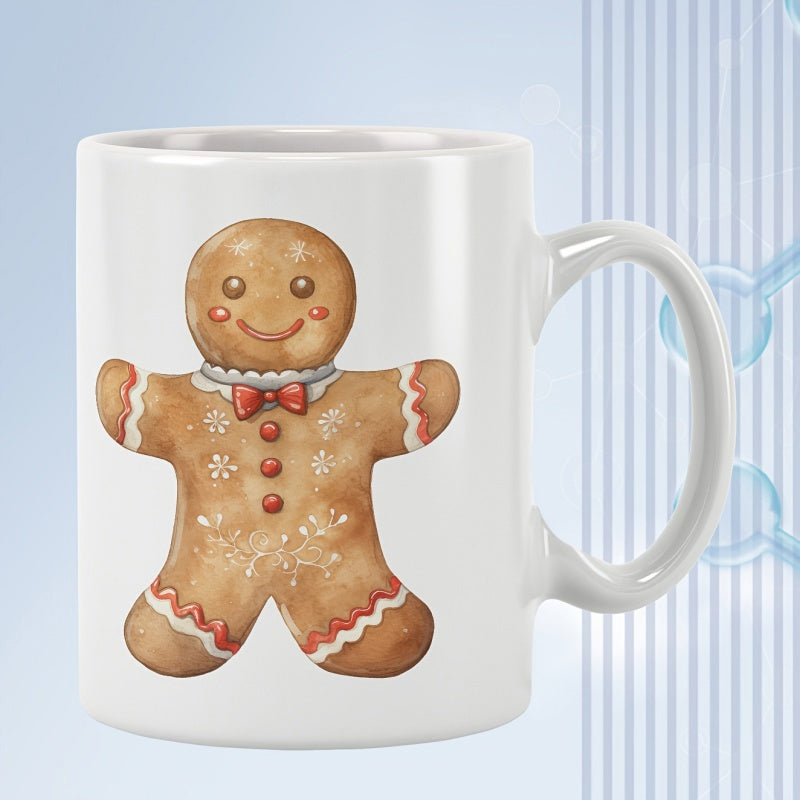 Tailorly White Ceramic 11 oz Mug - Cute Watercolor Festive Character With Red Bow Tie And White Icing Gingerbread Man