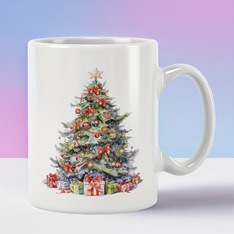 Tailorly White Ceramic 11 oz Mug - Watercolor Evergreen Festive Adorned With Ornaments And Colorful Gifts Tree